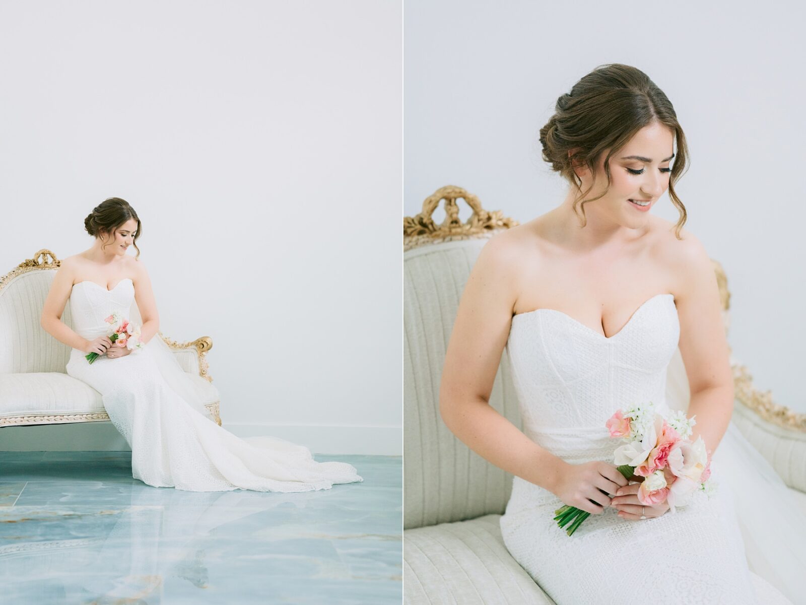 bridal suite at the videre estate, classic bridal look, bride sitting down, embroidered strapless wedding dress, bridal session, bride photography, the videre estate, hill country wedding venue, wimberley wedding venue, austin wedding photography, tara paige weddings, 