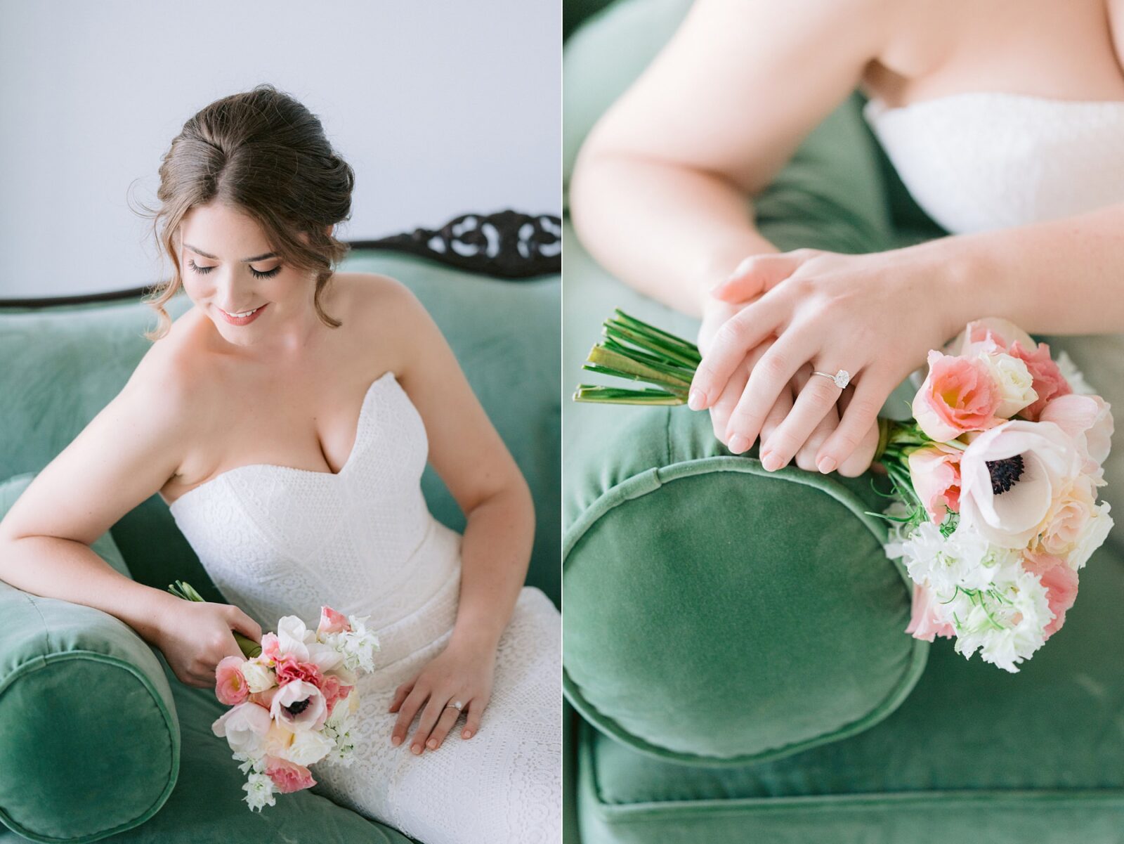 green couch at the videre, winter bridal session, bridal session, bride photography, the videre estate, hill country wedding venue, wimberley wedding venue, austin wedding photography, tara paige weddings, 
