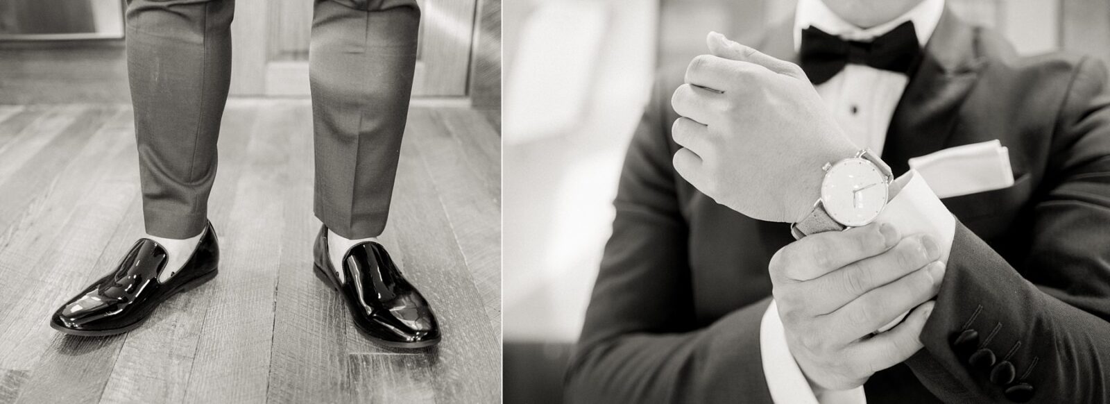 black and white wedding detail photos, groom getting ready, groom detail photos, groom wearing watch, distillers hall, dripping springs distillery wedding venue, tara paige weddings, wedding shoes without socks, austin wedding photography, hill country wedding photography